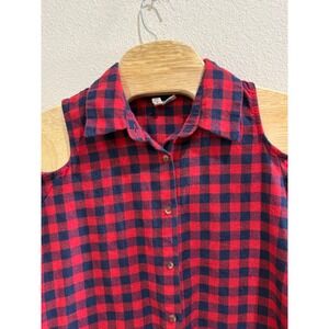 Sky and Sparrow Red Plaid Dress Collared Button Down Long Sleeve Cold Shoulder S